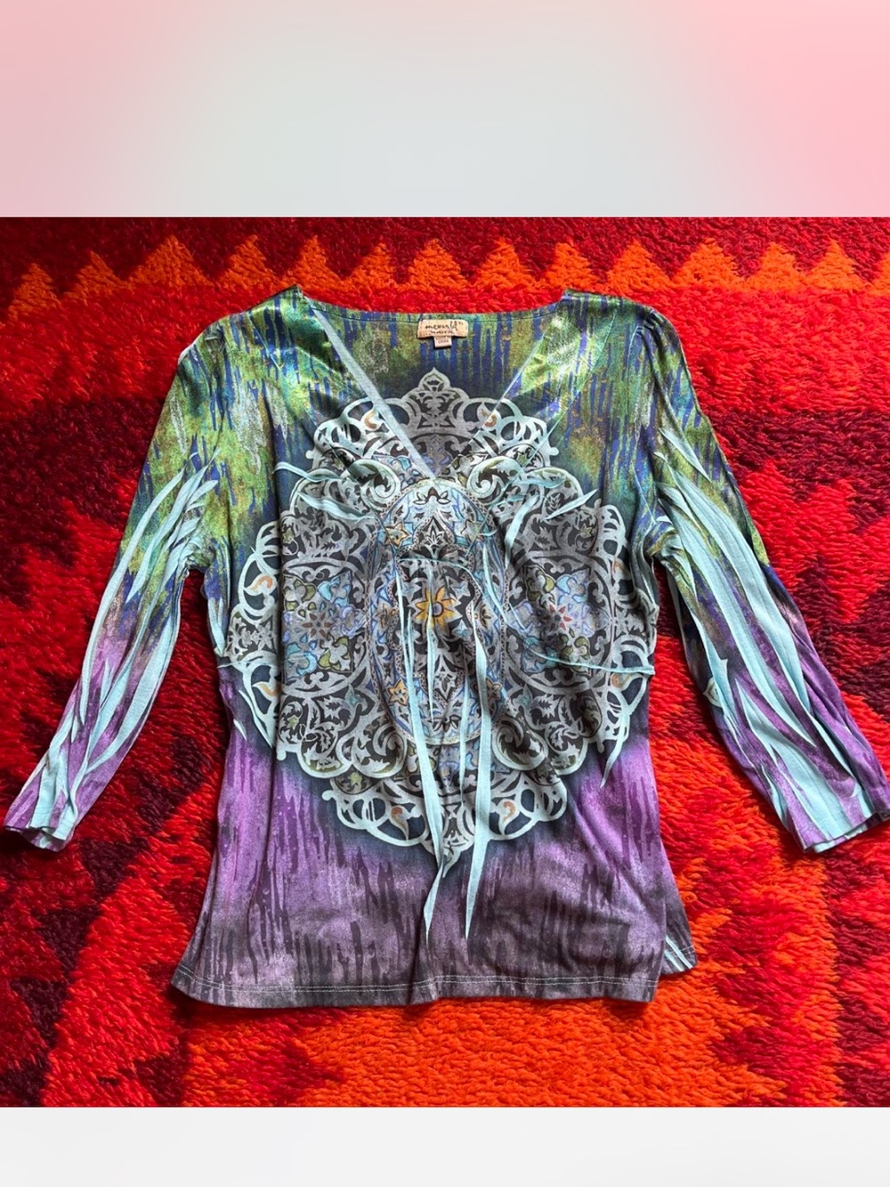 Oneworld purple, blue and green 3/4 sleeve top size XL